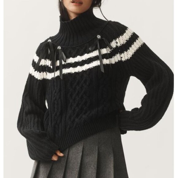 Anthropologie Maeve Mock-Neck Balloon-Sleeve Bow Jumper Sweater Black White XS - Picture 8 of 9